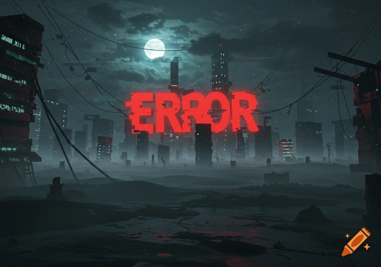 A dark, atmospheric cyberpunk cityscape under a full moon, with the red, glitching word "ERROR" hovering prominently.