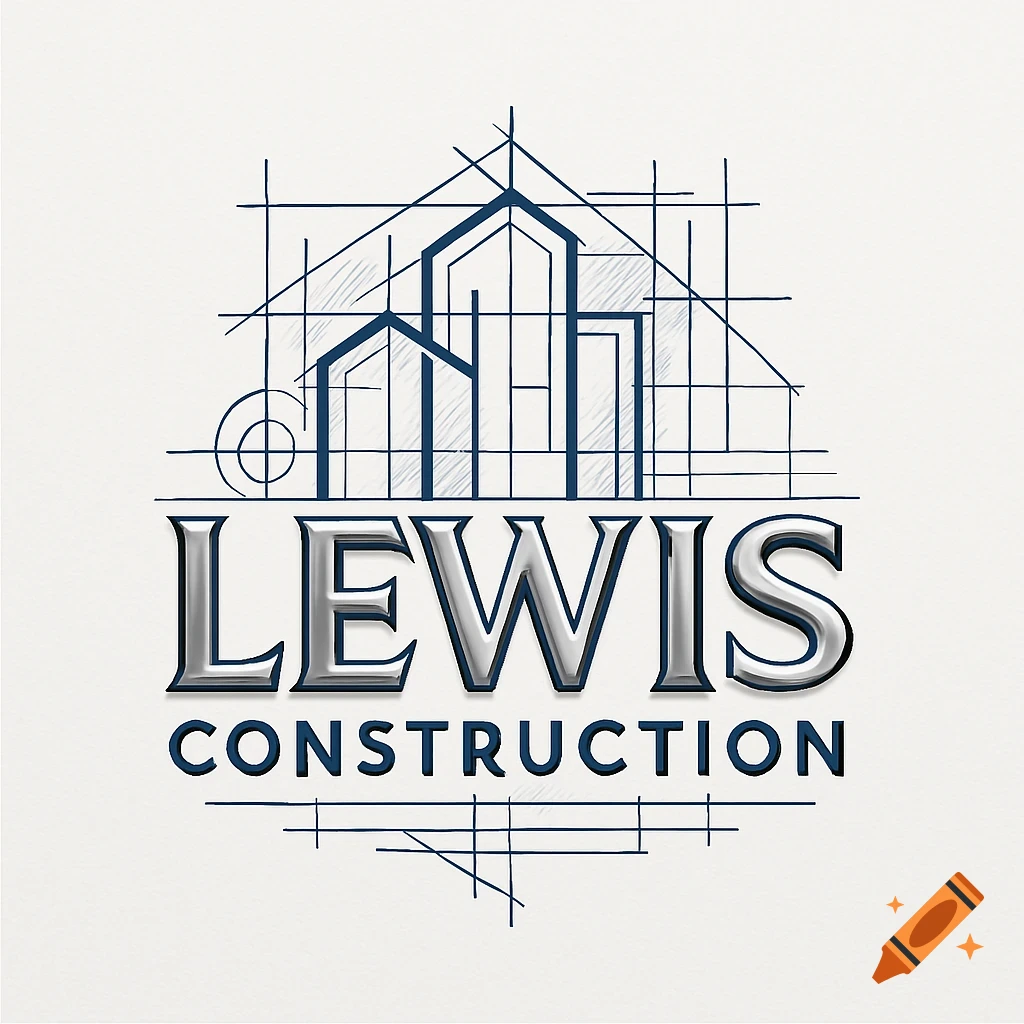 Lewis Construction logo featuring stylized blueprint buildings above metallic 'LEWIS' and 'CONSTRUCTION' text.