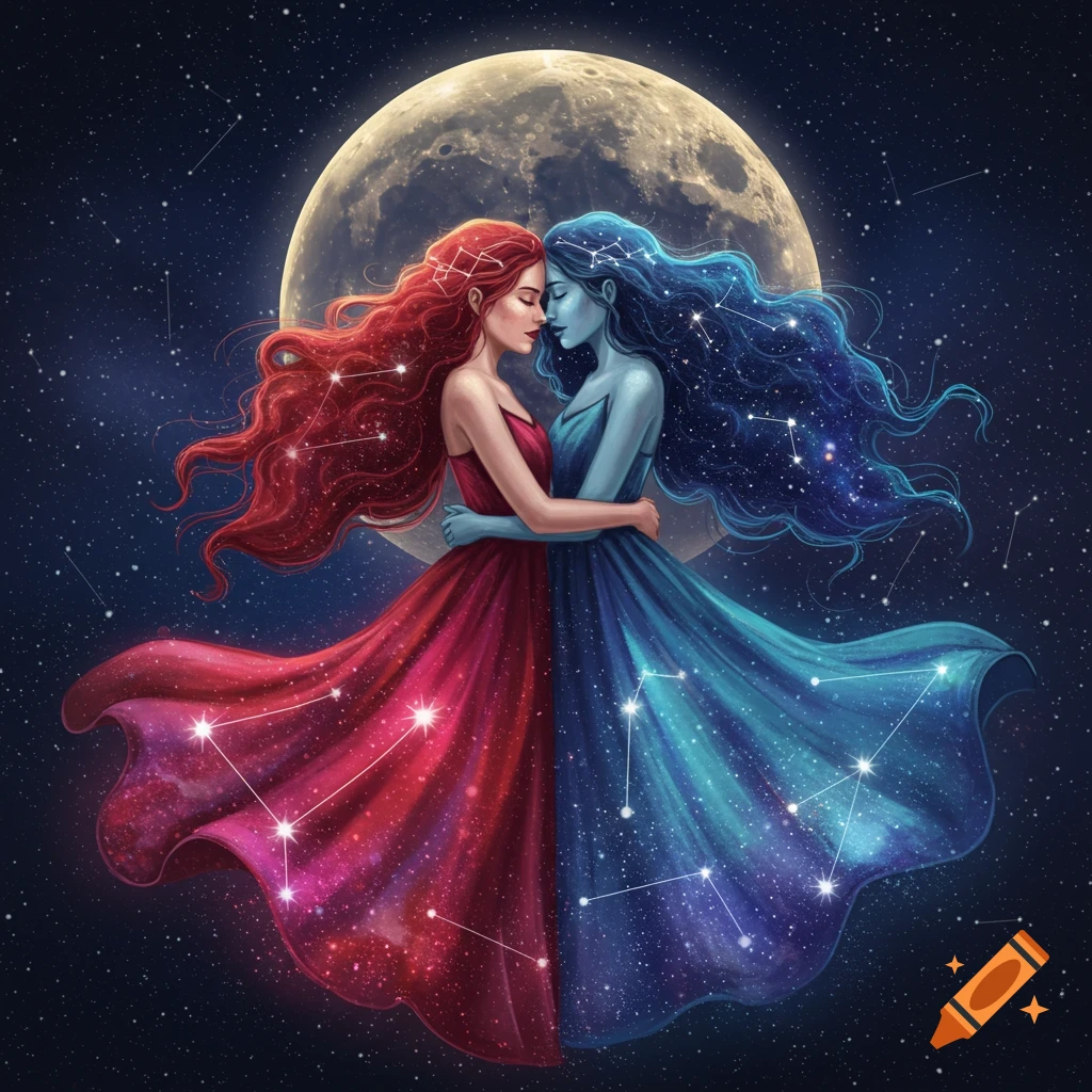 Two celestial women, one red-haired, one blue, with constellation-patterned dresses and hair, embrace under a full moon in a starry night, fantasy art.
