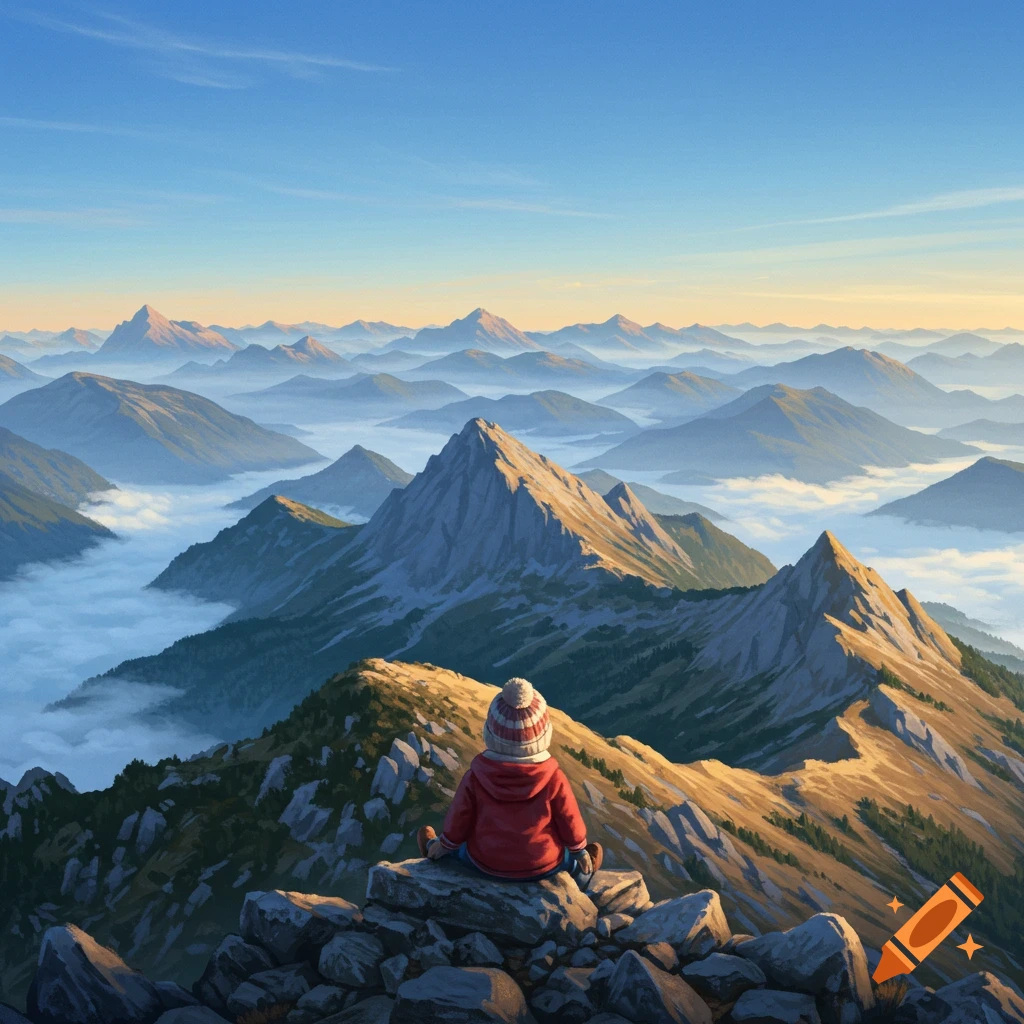 A child in a red jacket and hat sits on a mountain peak, gazing at a panoramic view of layered mountains and cloud-filled valleys.