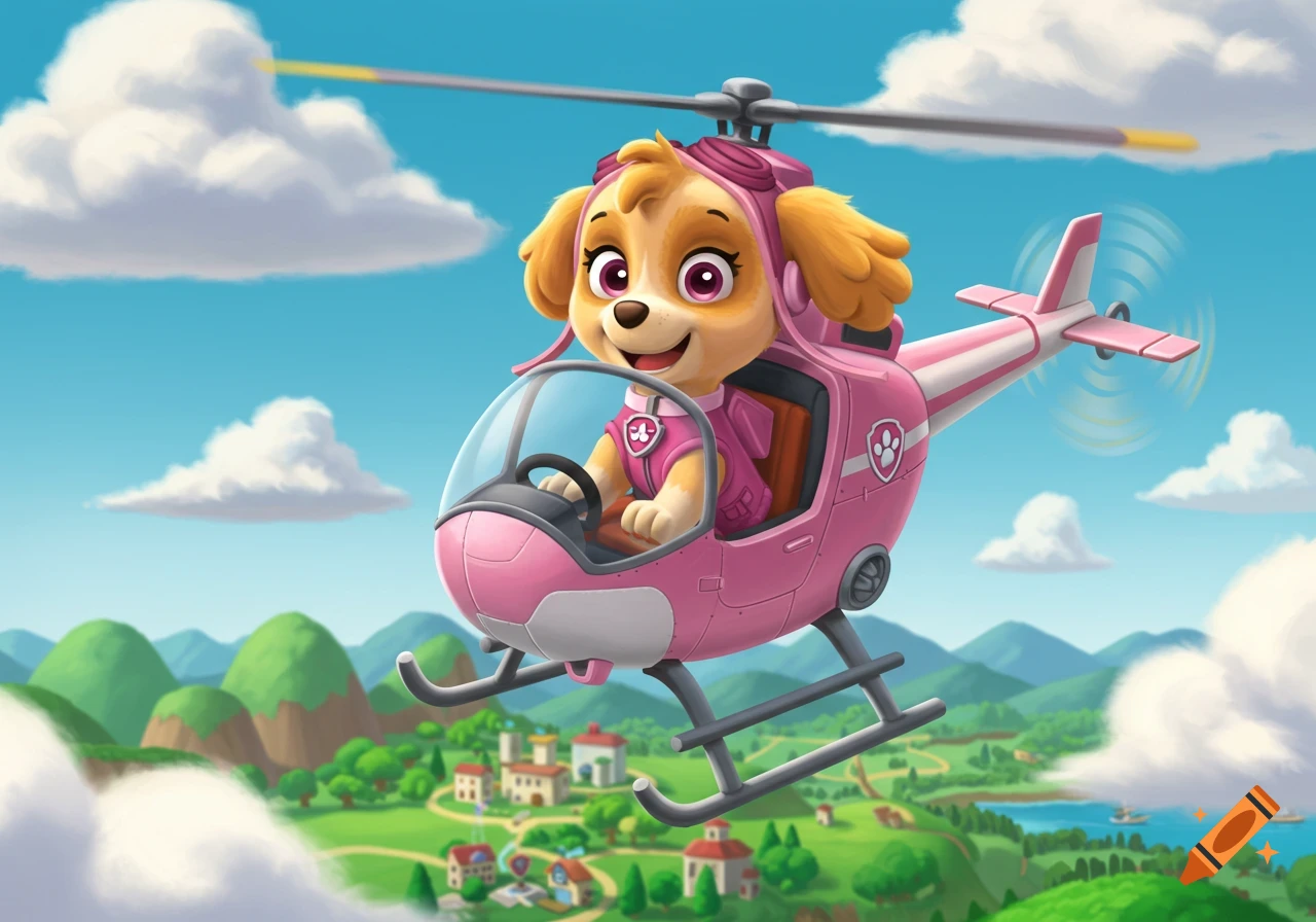 Cartoon dog Skye in a pink helicopter flies over a green landscape with mountains, clouds, and a village.