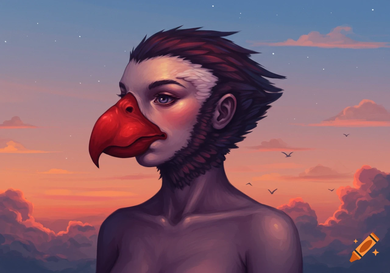 A surreal portrait of a human-like figure with a red bird's beak and dark feathers, against a vibrant sunset sky.