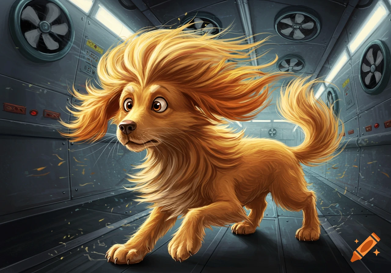 A cartoon golden-haired dog with wild fur runs through a metallic wind tunnel with fans, depicting humorous turbulence.