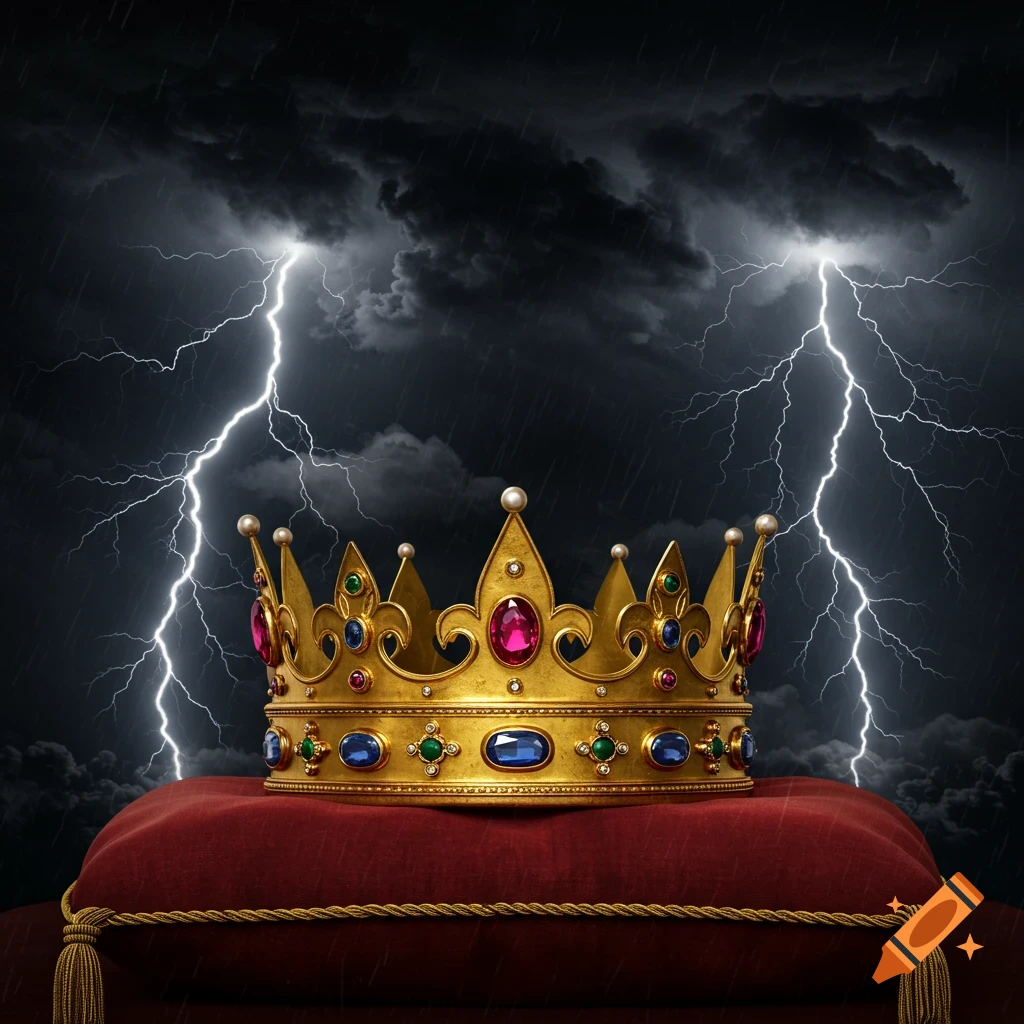 A golden jeweled king's crown rests on a red velvet cushion under a dark, stormy sky with bright lightning.