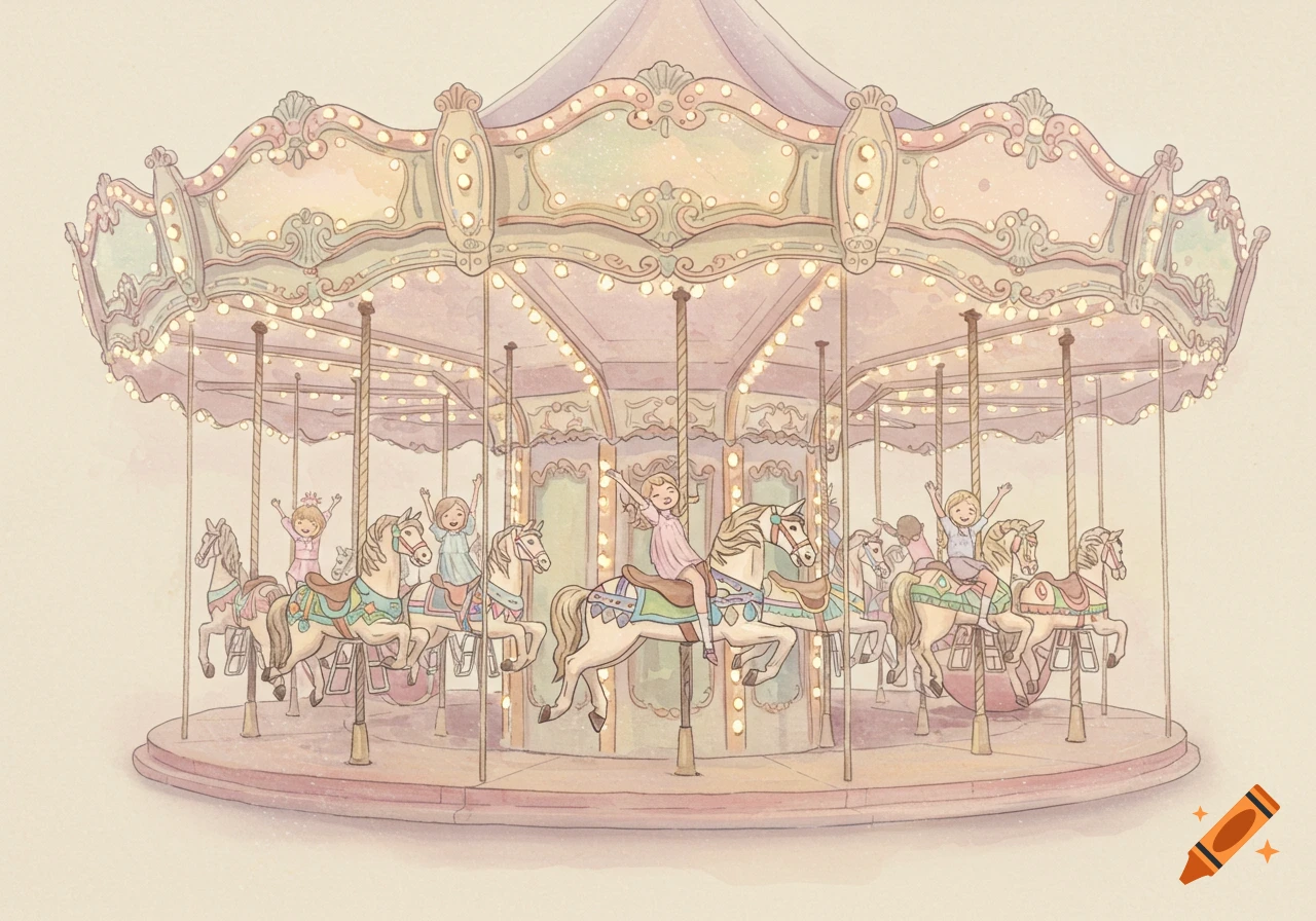 Whimsical watercolor illustration of joyful children riding ornate horses on a pastel-colored merry-go-round.
