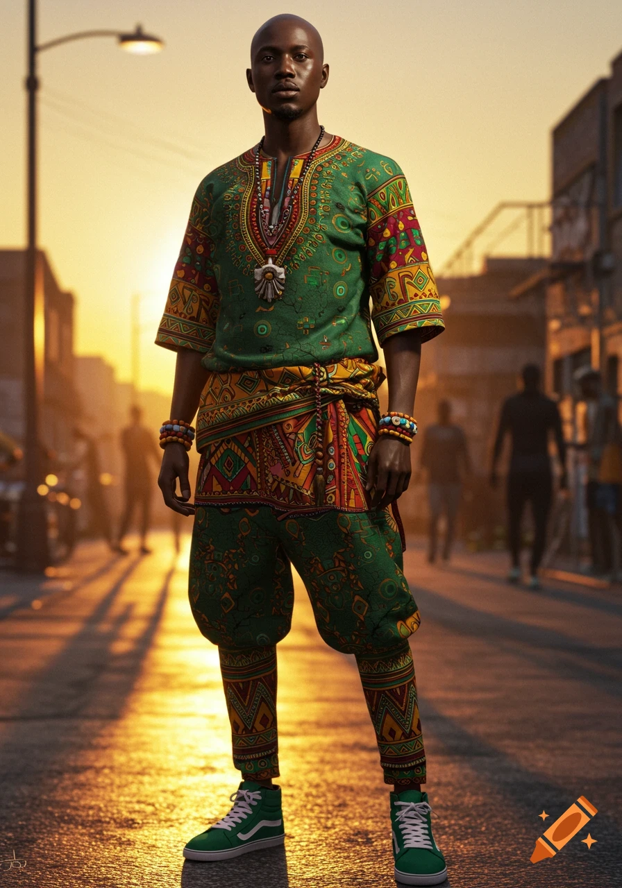 Photorealistic portrait of a bald Black man in vibrant green, red, and yellow patterned cultural attire, standing on a sunlit street at sunset.