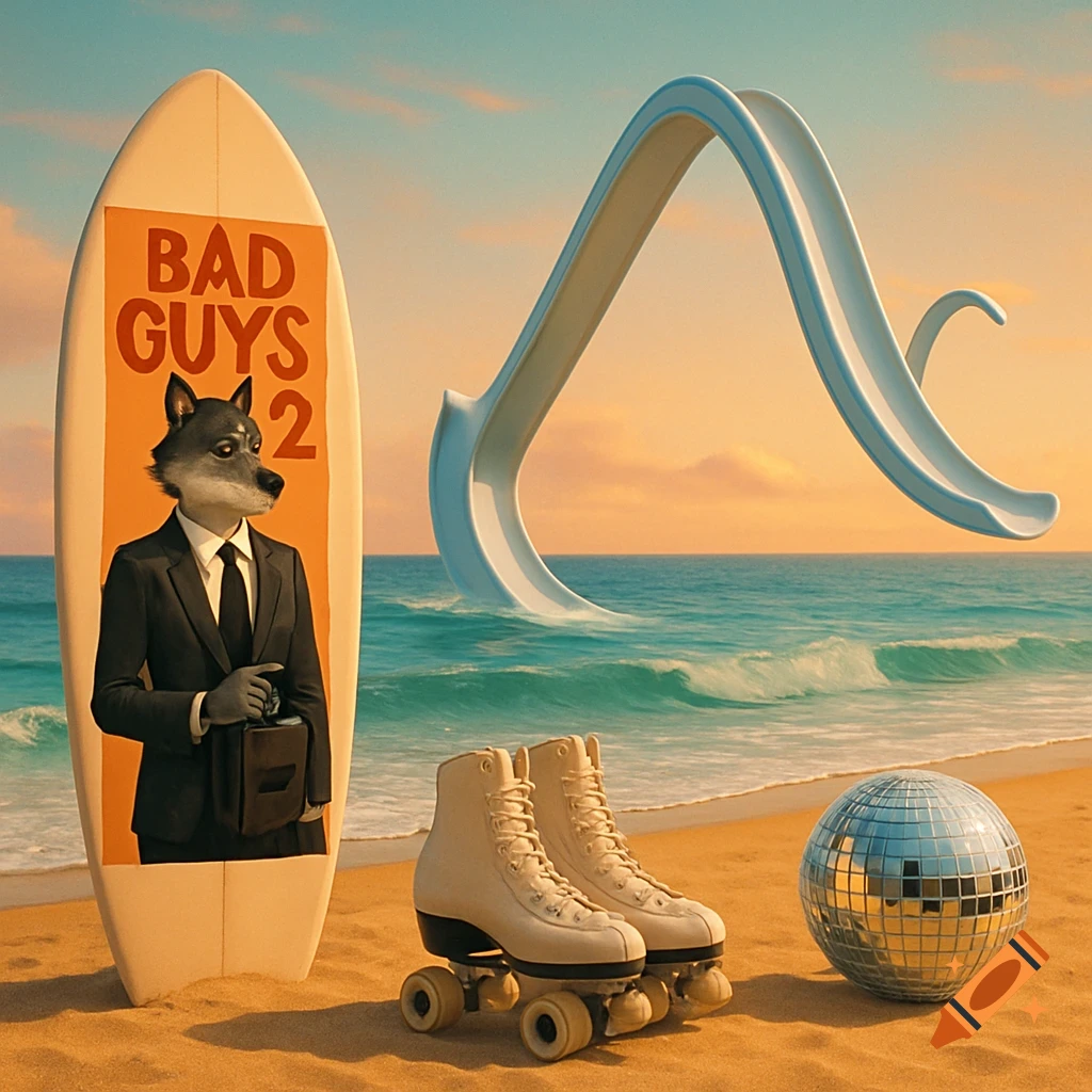 A wolf in a suit on a surfboard reading 'BAD GUYS 2' stands on a sunny beach with roller skates, a disco ball, and a giant water slide.