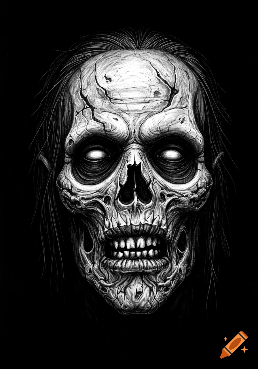 A detailed black and white drawing of a gaunt zombie skull with long hair and glowing white eyes on a black background.
