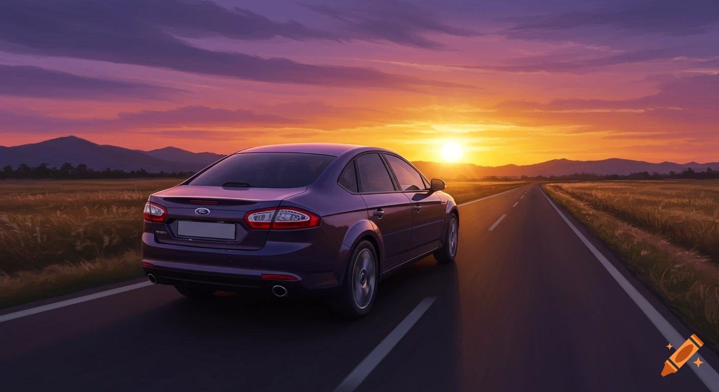 A purple Ford Mondeo drives on a straight road towards a vibrant orange and purple sunset over fields and distant mountains.