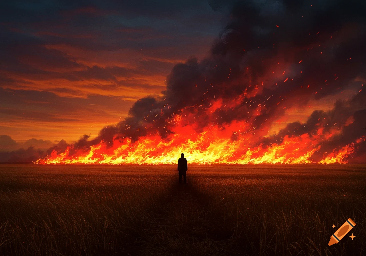 A lone figure stands in a field, silhouetted against a vast, raging fire burning under a dramatic orange and dark sky.