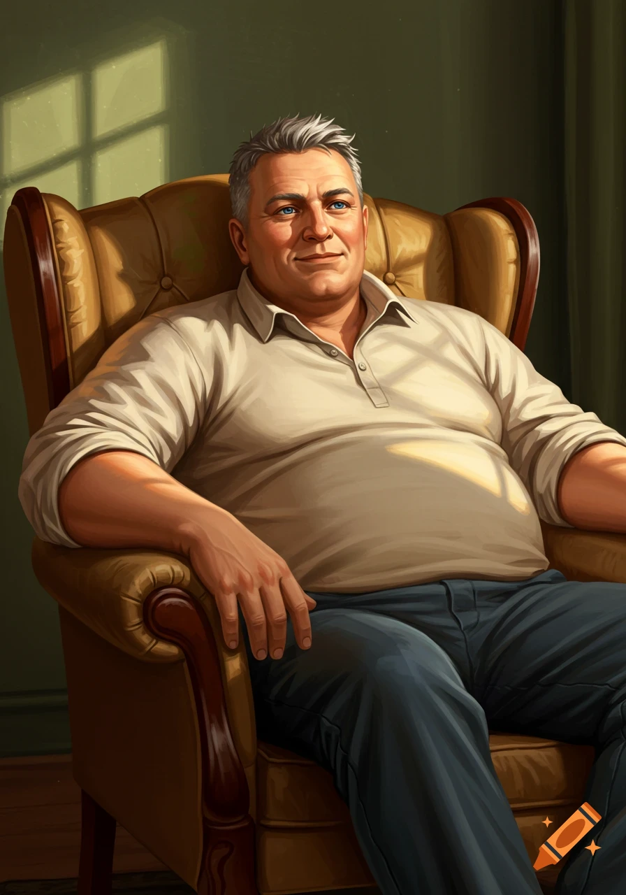 A painting of a robust middle-aged man with grey hair and blue eyes, sitting relaxed in a brown armchair, in warm light.