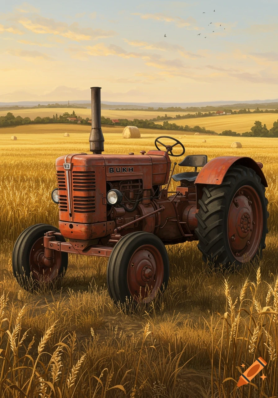 An old red BUKH tractor with large wheels sits in a golden wheat field under a warm, cloudy sky.