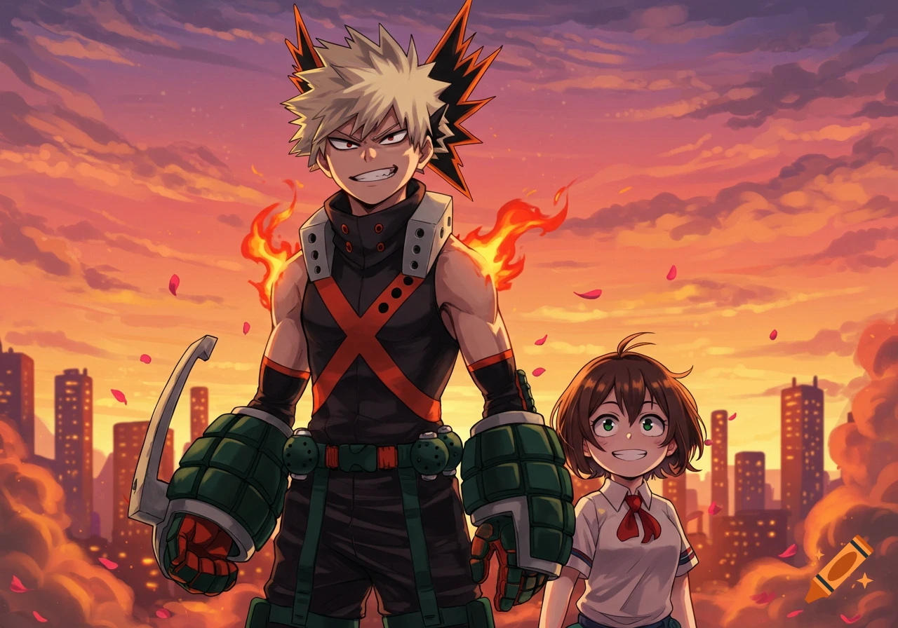 Anime illustration of Bakugo from My Hero Academia standing with a smiling short-haired girl against a sunset city backdrop with falling petals.