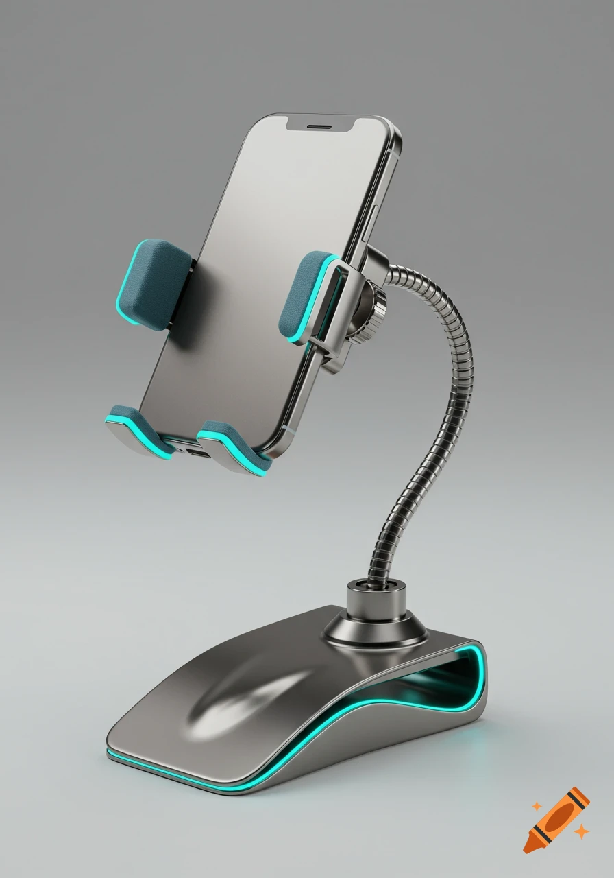 Sleek silver phone holder with a flexible arm and glowing cyan accents on a gray background.