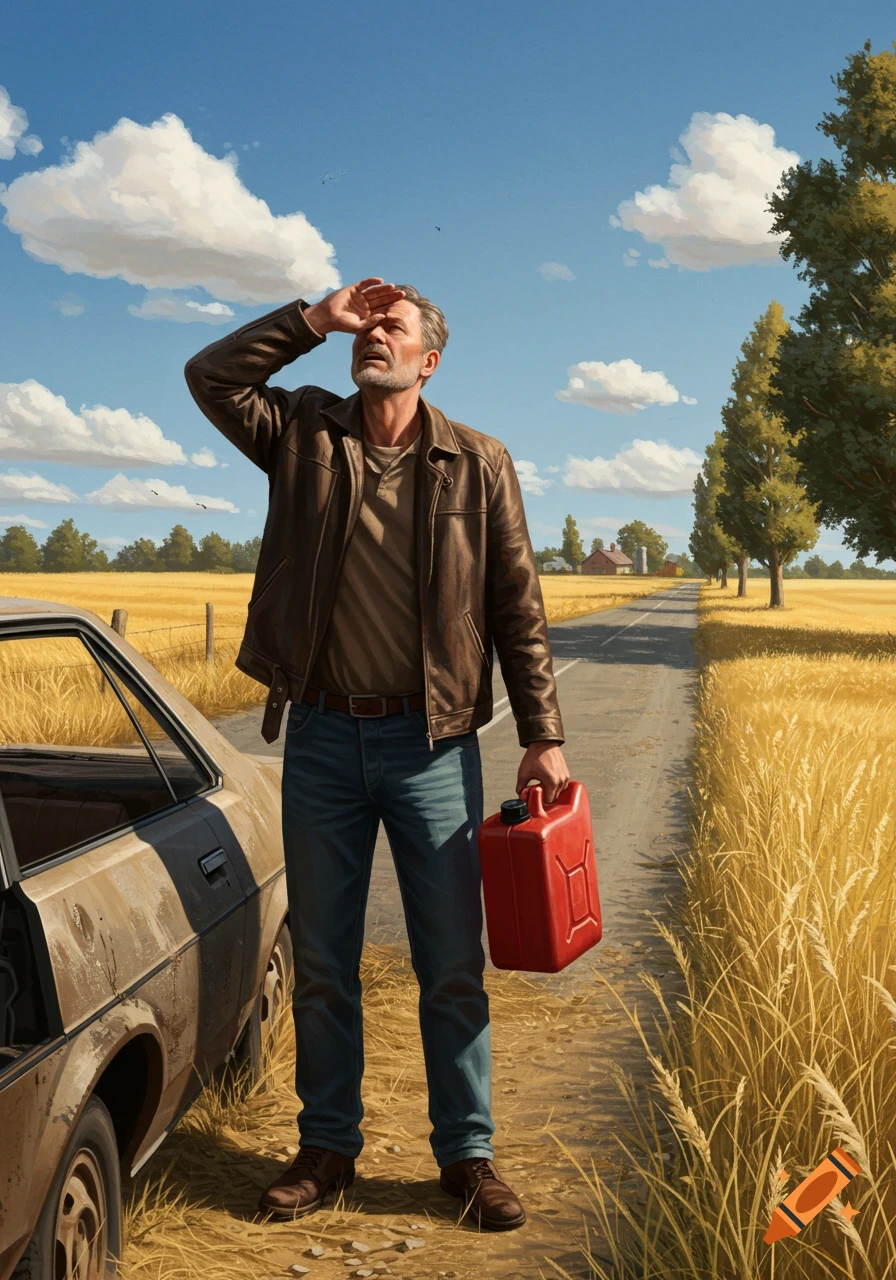 Photorealistic painting of a man with a red gas can, shading his eyes next to a broken-down car on a rural dirt road surrounded by wheat fields.