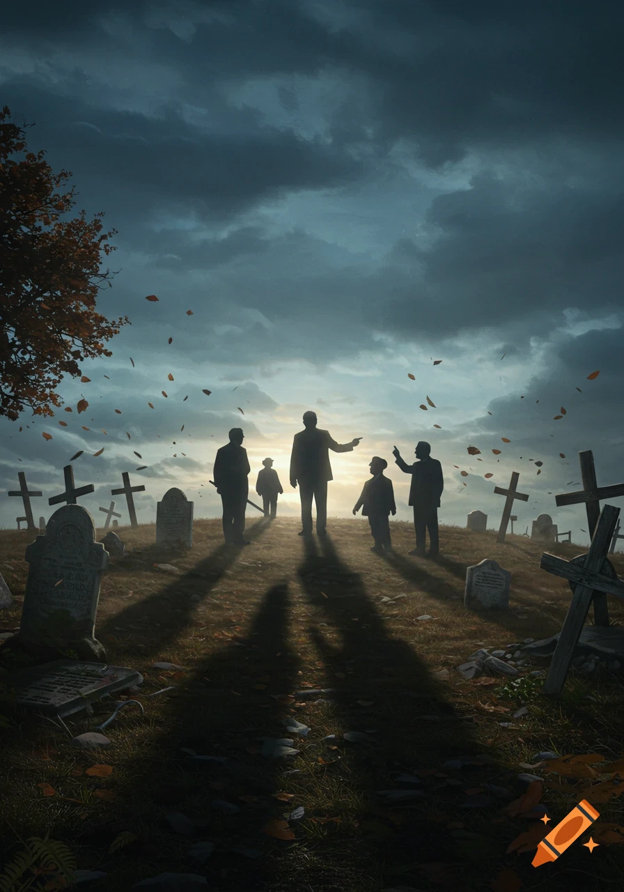 Silhouetted figures stand on a hill in a cemetery with gravestones and crosses under a dramatic, cloudy sky with falling autumn leaves.