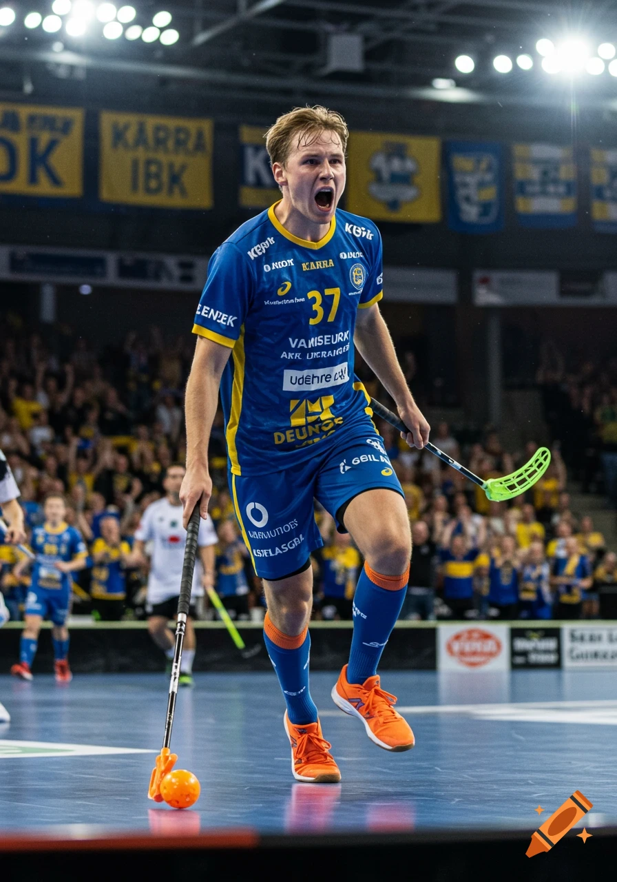A floorball player in a blue and yellow jersey, number 37, cheers on a court during a game. Photorealistic style.