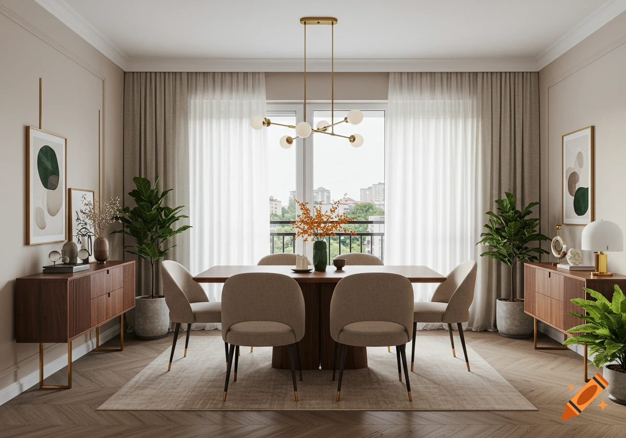 A modern, well-furnished dining room with a wooden table, beige chairs, a gold chandelier, plants, and abstract art by a large window.