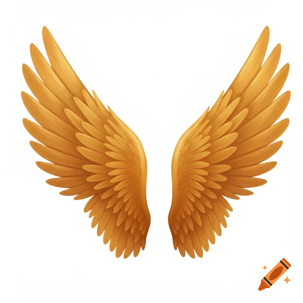 A pair of detailed, golden-brown feathered wings spread wide on a white background, rendered in a crisp, clean style.