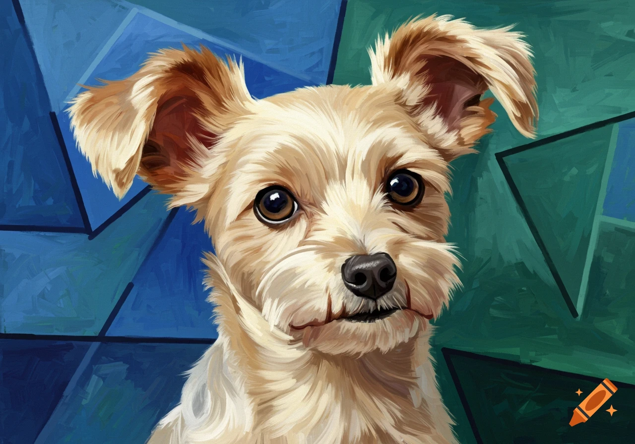 Close-up portrait of a blonde terrier-maltese dog with big eyes, painted in a Picasso-inspired style.