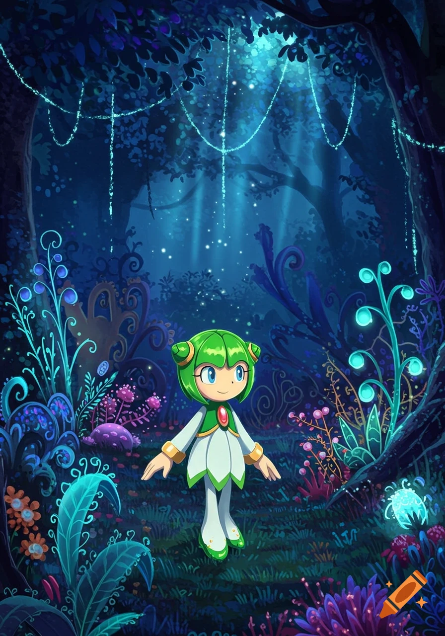 Cosmo from SonicX smiling in a vibrant, glowing alien forest at night, surrounded by colorful plantlife in an anime style.