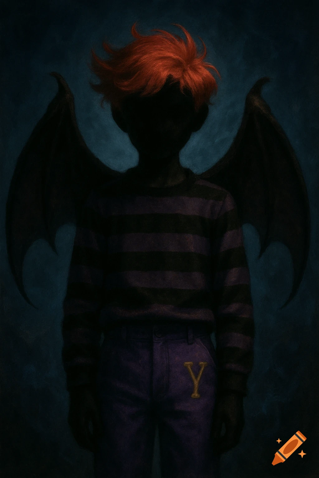 Dark illustration of a silhouetted boy with red hair, bat wings, striped shirt, and purple pants with a golden 'Y'.