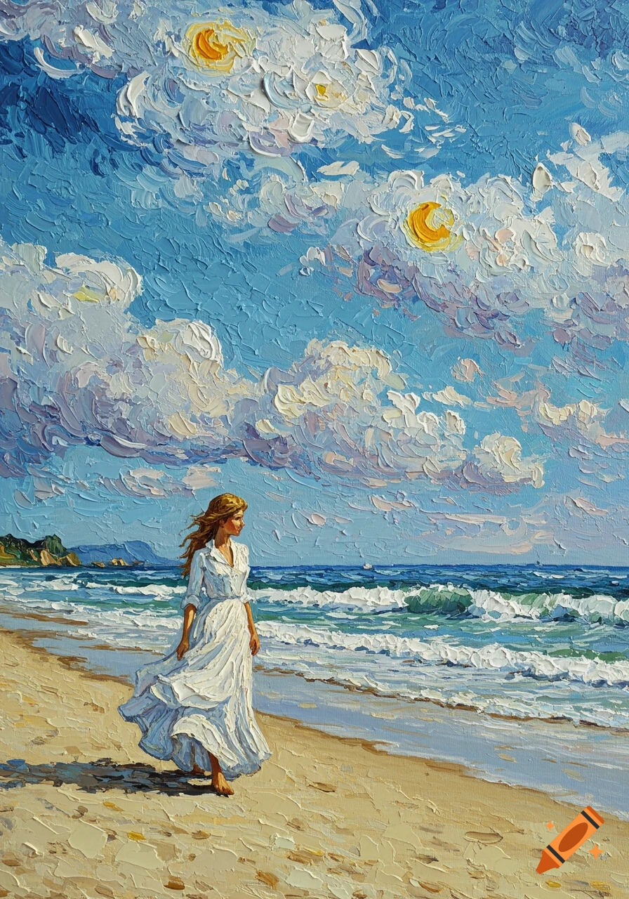 A woman in a white dress walks on a sandy beach by the ocean under a cloudy sky, in a vibrant, thick impasto painting style.