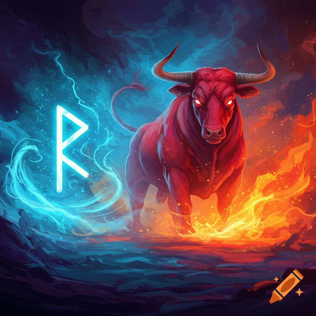 A vibrant illustration of a muscular red bull with glowing eyes standing amidst swirling blue water and orange flames, with a glowing white rune symbol on the left.