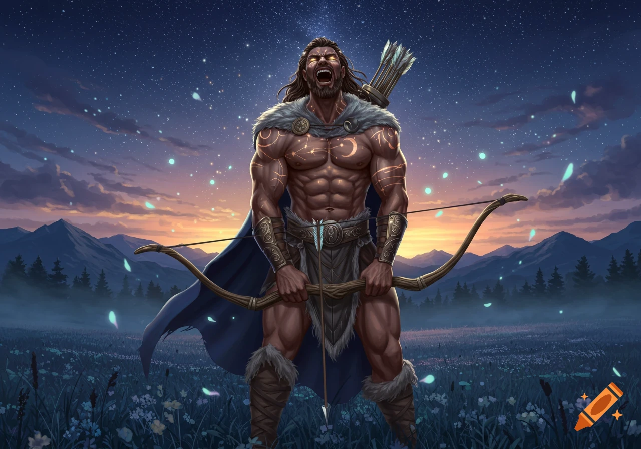Muscular fantasy archer with glowing symbols, roaring and holding a bow and arrow under a starry sunset sky.
