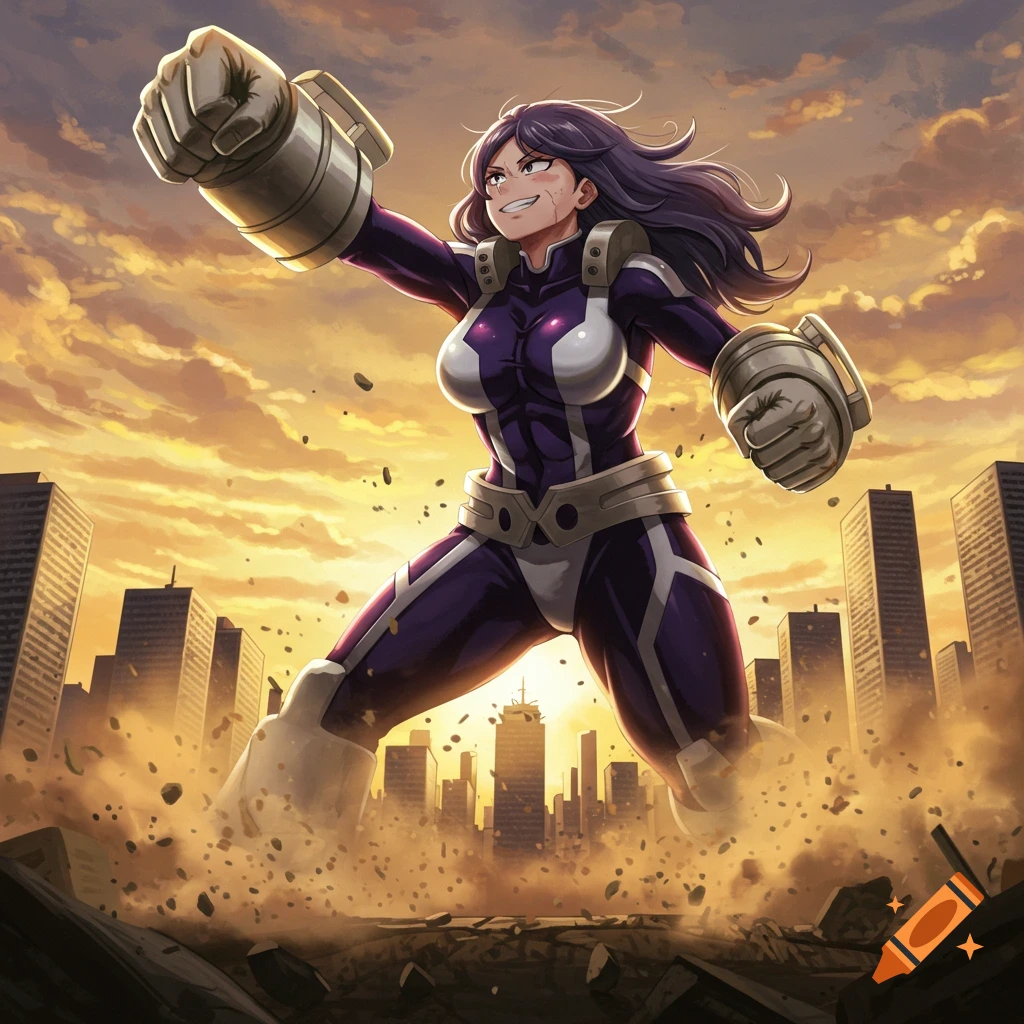 Anime-style Mount Lady, a purple-haired superhero, punches forward in a city of ruins at sunset.