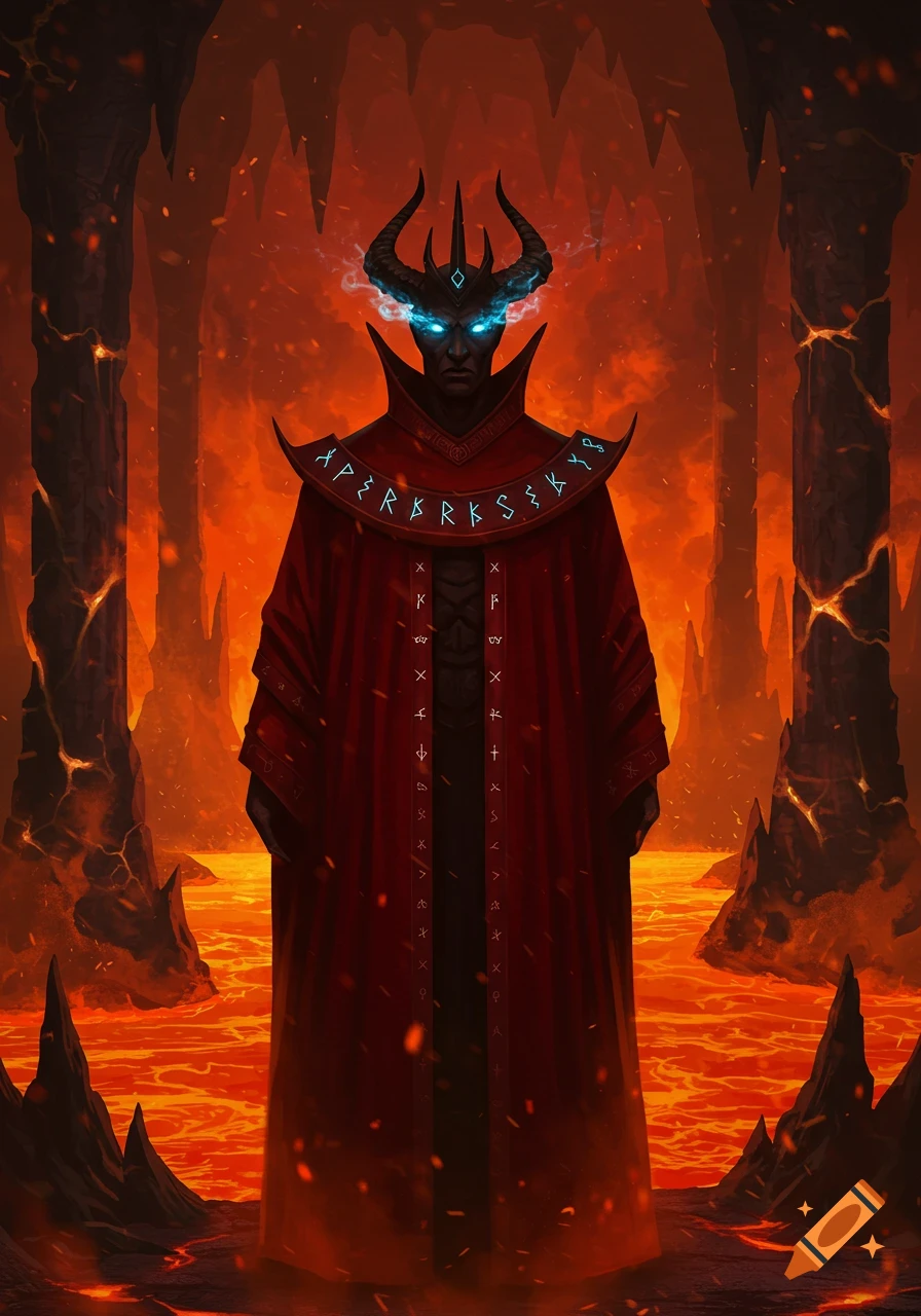 A demonic figure with glowing blue eyes and horns wears a red robe with glowing runes, standing in a hellish landscape of lava and dark rock.