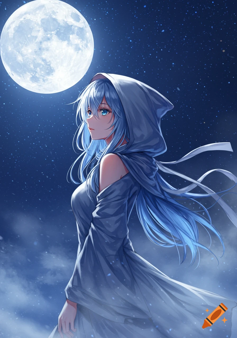 Anime woman with blue hair and sapphire eyes in a hooded cloak, gazing under a luminous full moon in a starry night sky.