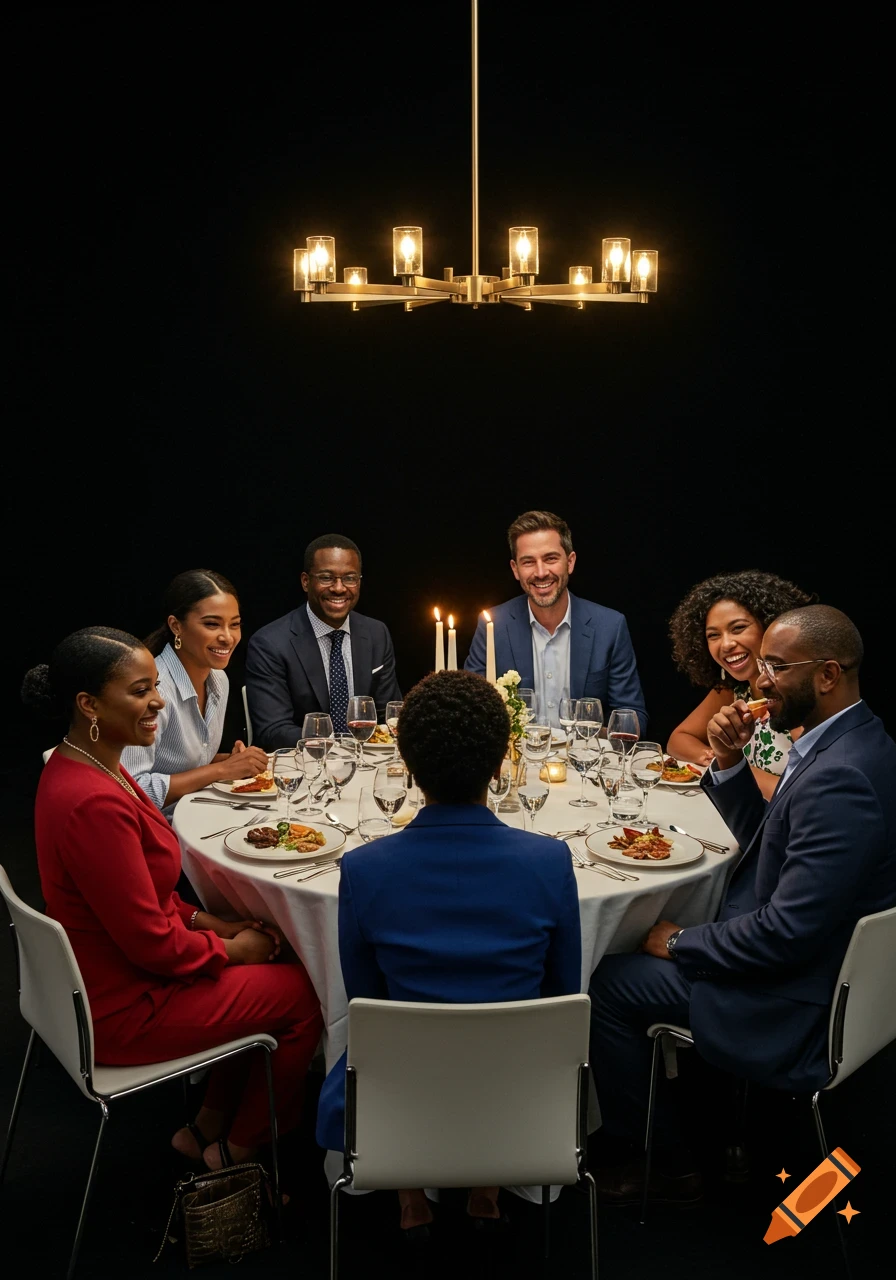 A diverse group of six people smiling and enjoying dinner around a white table with candles and food, against a dark background. Photorealistic.