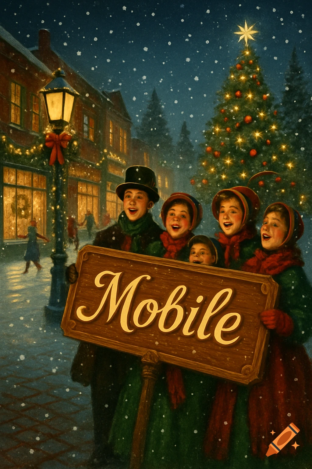 Children carolers hold a "Mobile" sign on a snowy Christmas street with a decorated tree and lamppost, in an illustrative style.