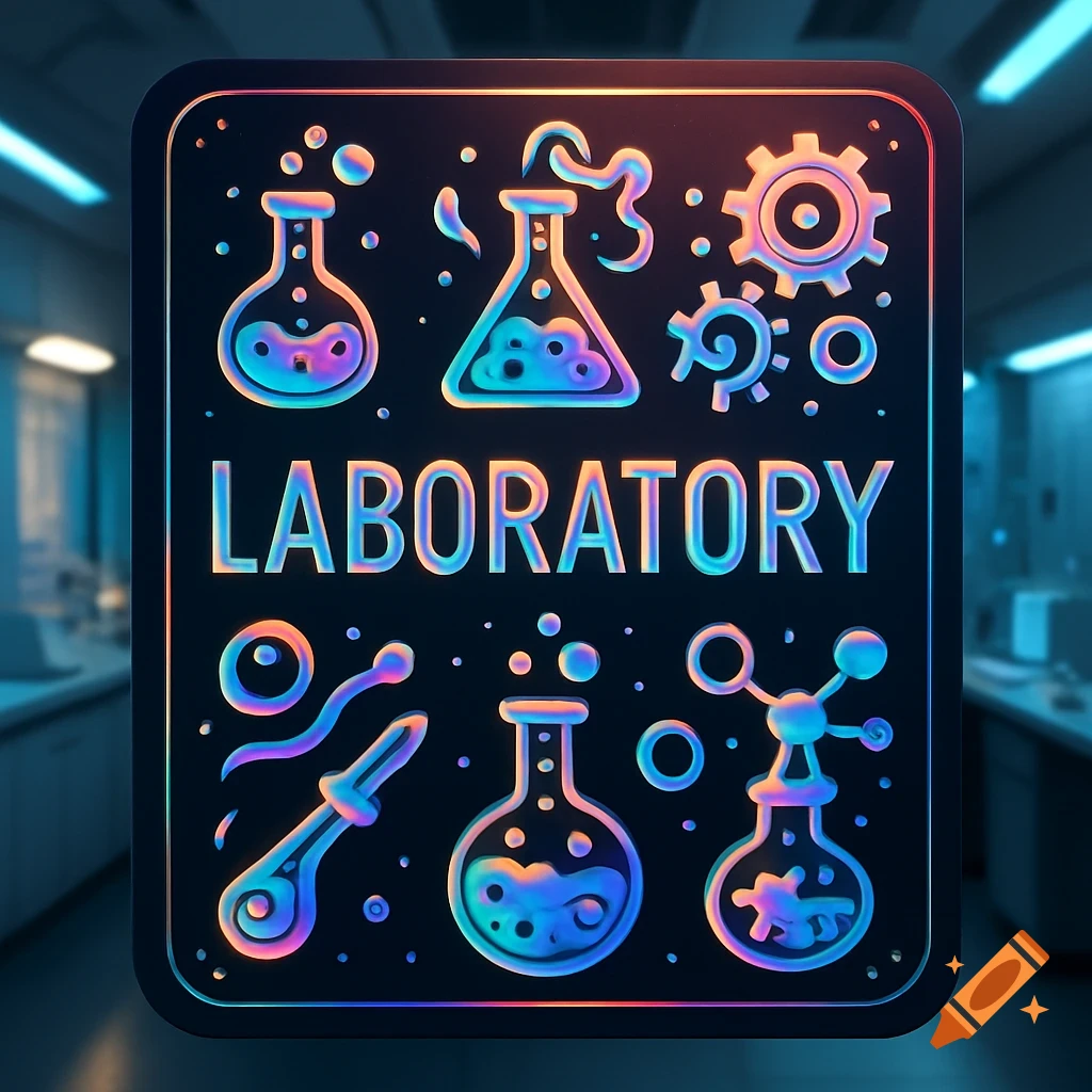 A colorful neon-style sign with rounded corners displays the word 'LABORATORY' surrounded by various scientific beakers, flasks, and molecules, all glowing with vibrant blues, pinks, and oranges, against a dark laboratory background.