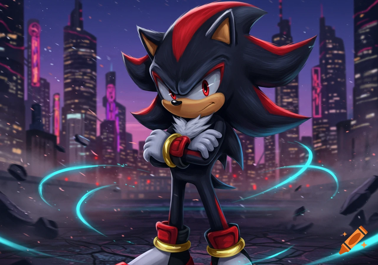 Shadow the Hedgehog with glowing red eyes and crossed arms, stands against a dark, futuristic city at night with blue energy.