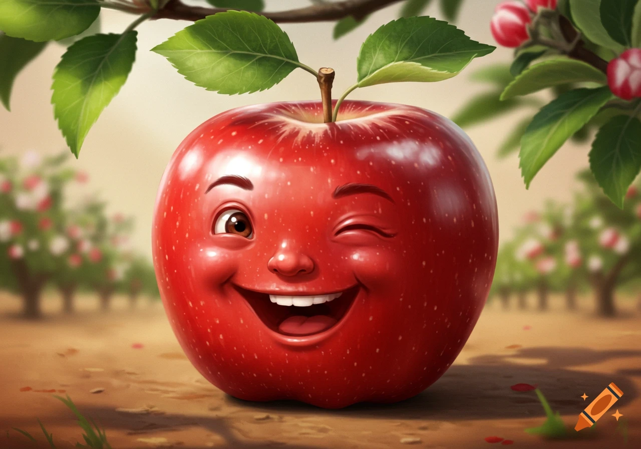 A red apple with a friendly, winking face sits on the ground in a bright orchard.