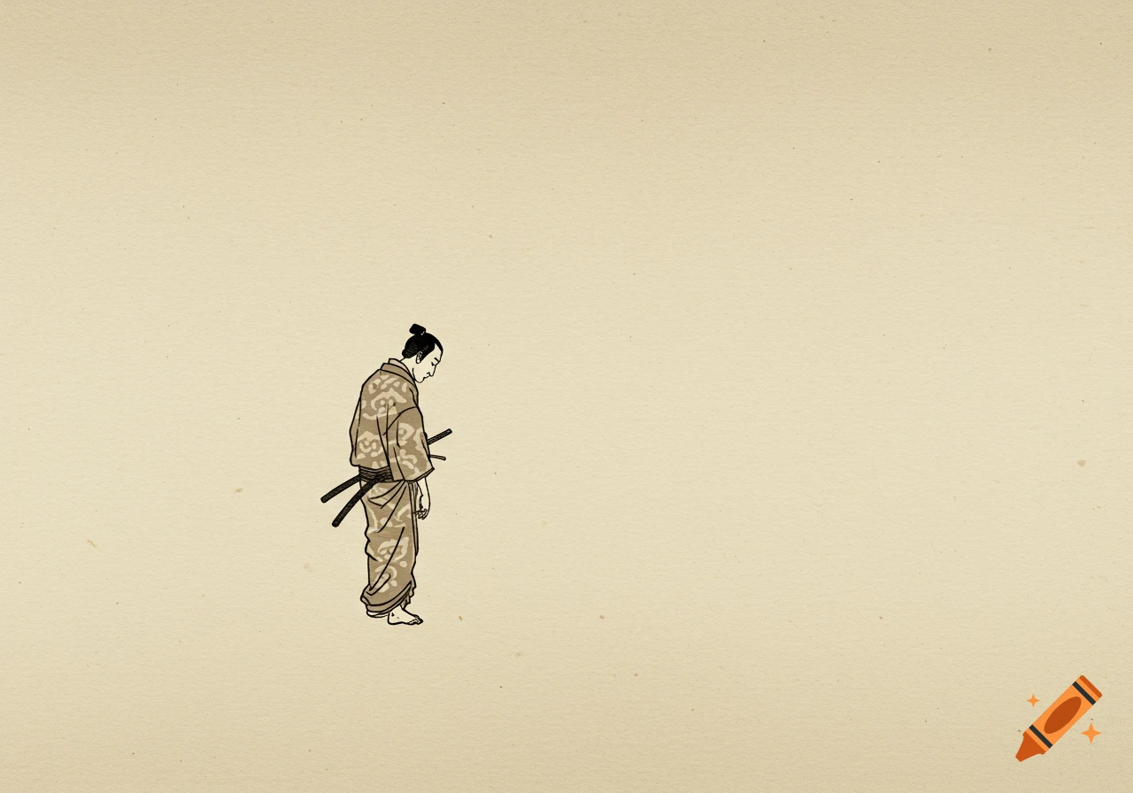 Ukiyo-e woodblock print of a samurai in a kimono looking down at his feet on a vast, empty beige scroll.