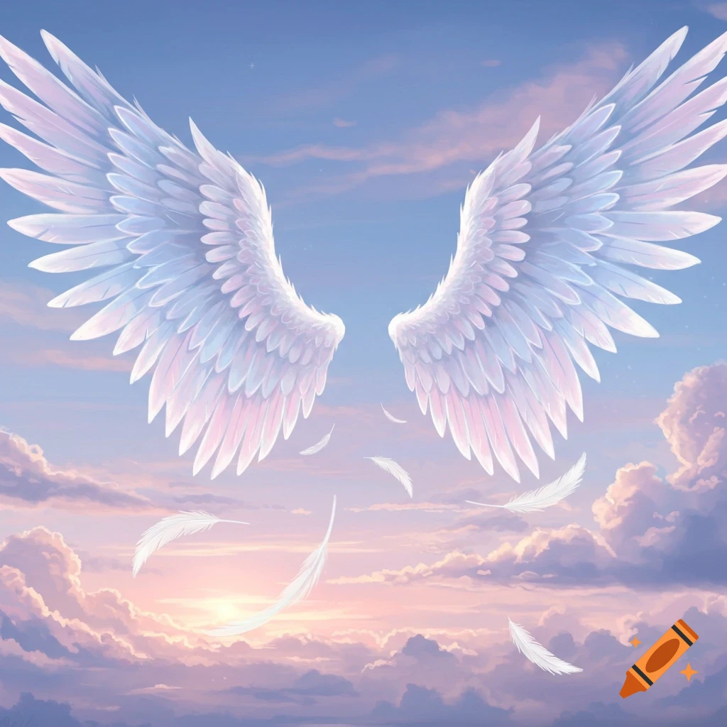 Large, luminous white and pink feathered wings soar above soft pastel clouds in a blue sky with falling feathers.