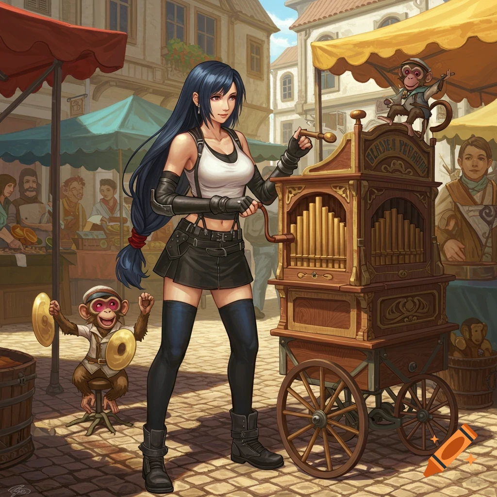 Anime-style Tifa Lockhart cranks an organ grinder with two cymbal-playing monkeys in a bustling market.
