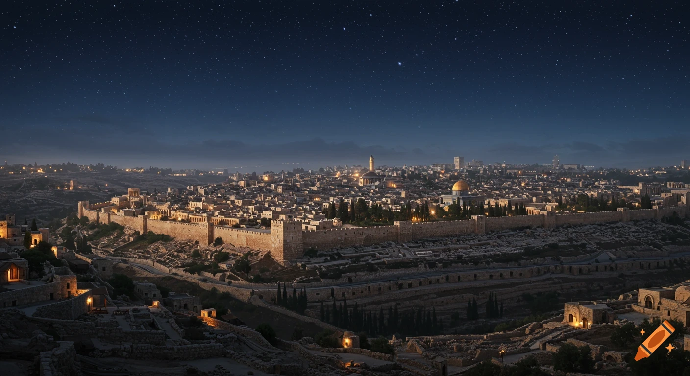 Photorealistic night aerial view of ancient Jerusalem, showing city walls, illuminated buildings, and a star-filled sky.