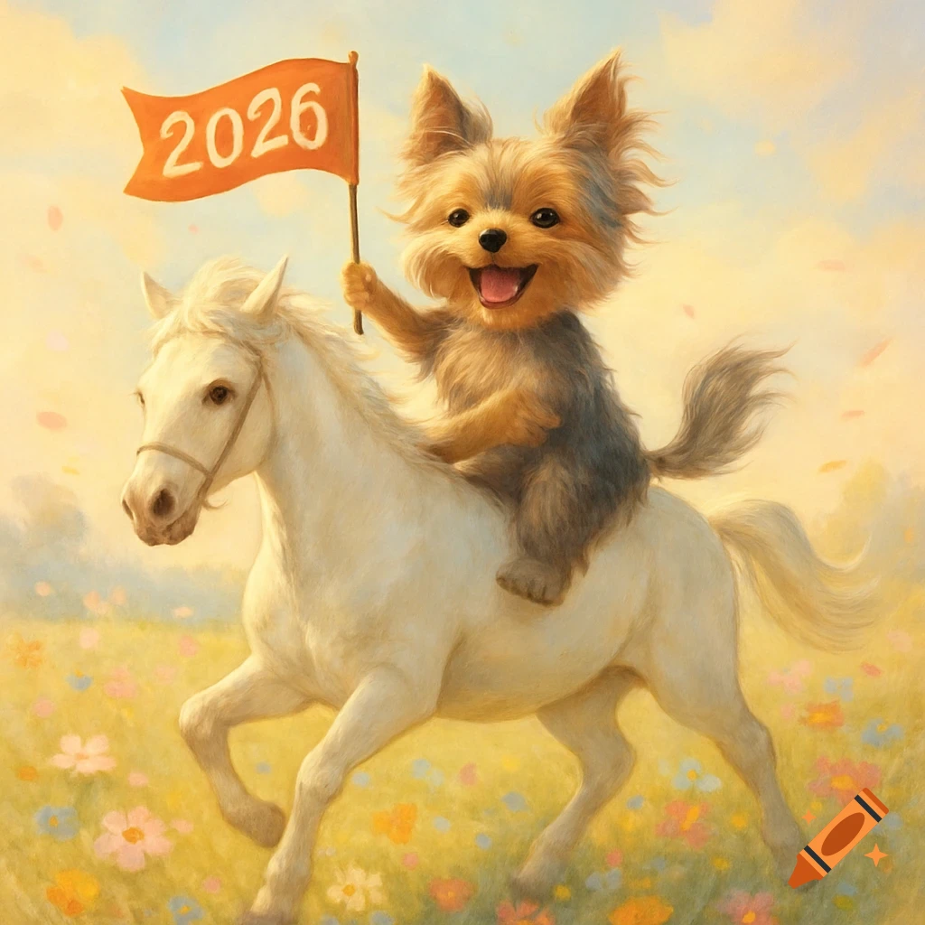A cute Yorkshire Terrier rides a white horse, holding a flag with '2026' on it, through a flowery field in a digital art style.