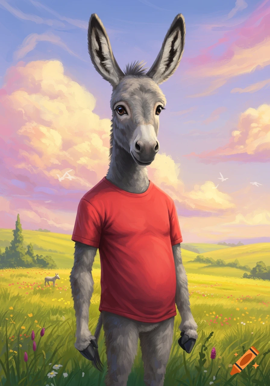 A donkey with a human-like torso wearing a red t-shirt stands in a lush green field under a colorful sky.