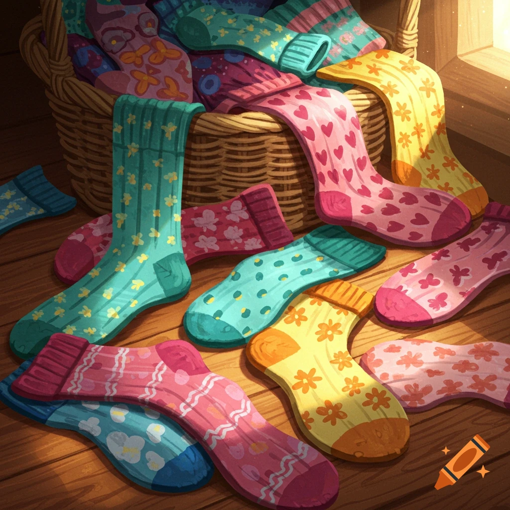A colorful collection of patterned socks in and around a woven basket on a wooden floor, bathed in warm sunlight.