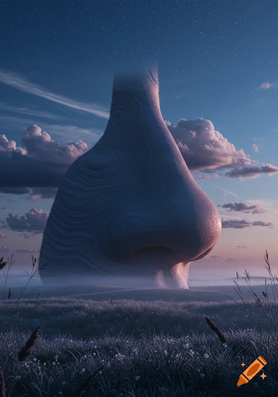 A giant, textured nose emerges from a misty, grassy field under a starry twilight sky, creating a surreal landscape.