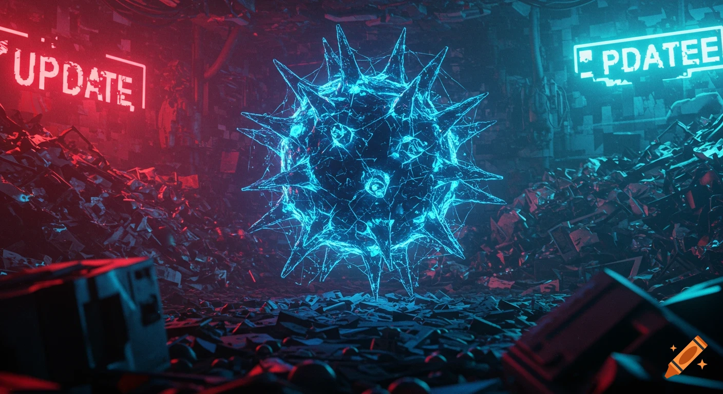 A glowing blue spiky cyber-virus object stands amidst mountains of e-waste in a dark, dystopian, cyberpunk-lit scene with red and blue neon signs saying 'UPDATE' and 'PDATEE'.