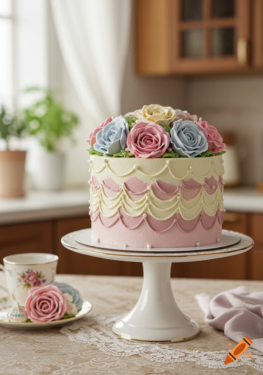 A beautifully decorated cake with pastel pink, blue, and yellow frosting roses on a white cake stand.
