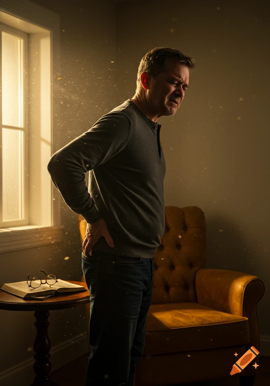 A man grimacing in pain, holding his lower back while standing in a dimly lit room with sunlight streaming through a window.