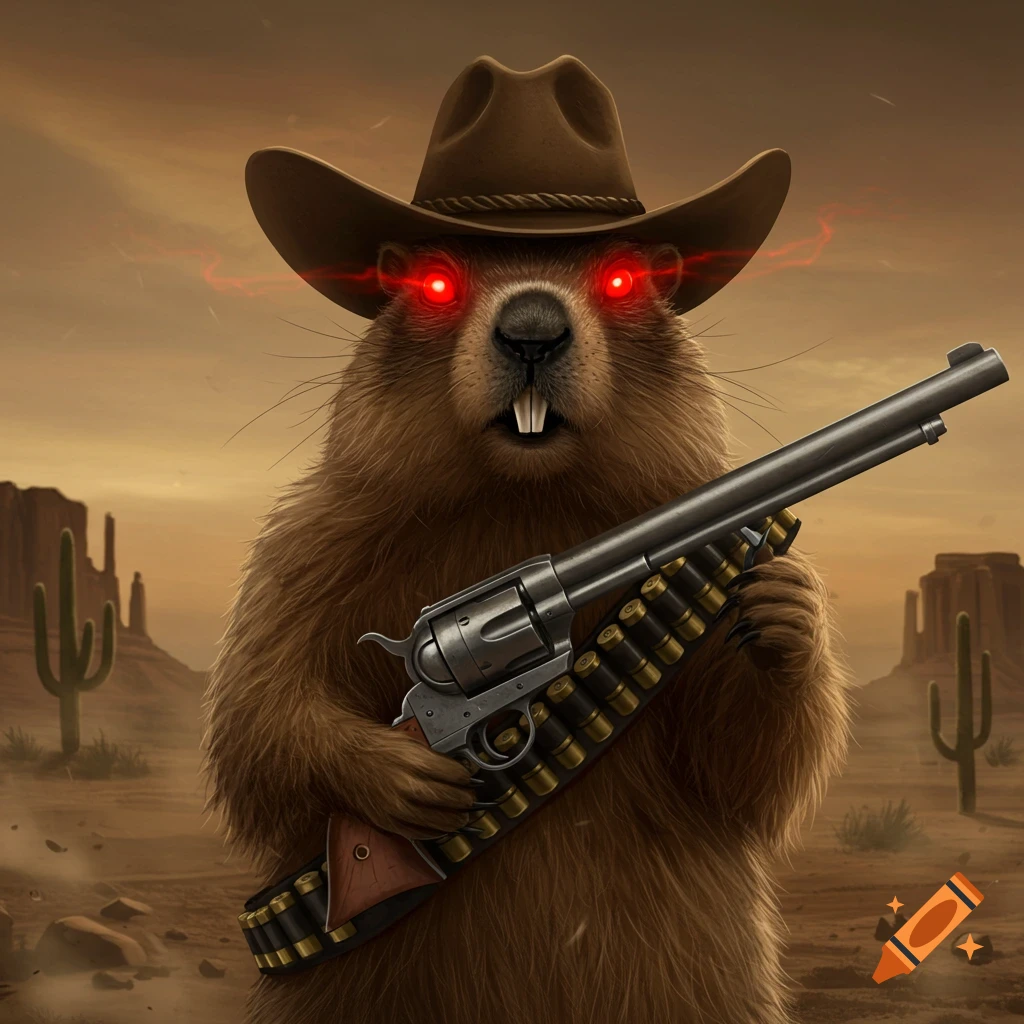 A stylized marmot in a cowboy hat with glowing red eyes holds a revolver and bandolier in a desert landscape.