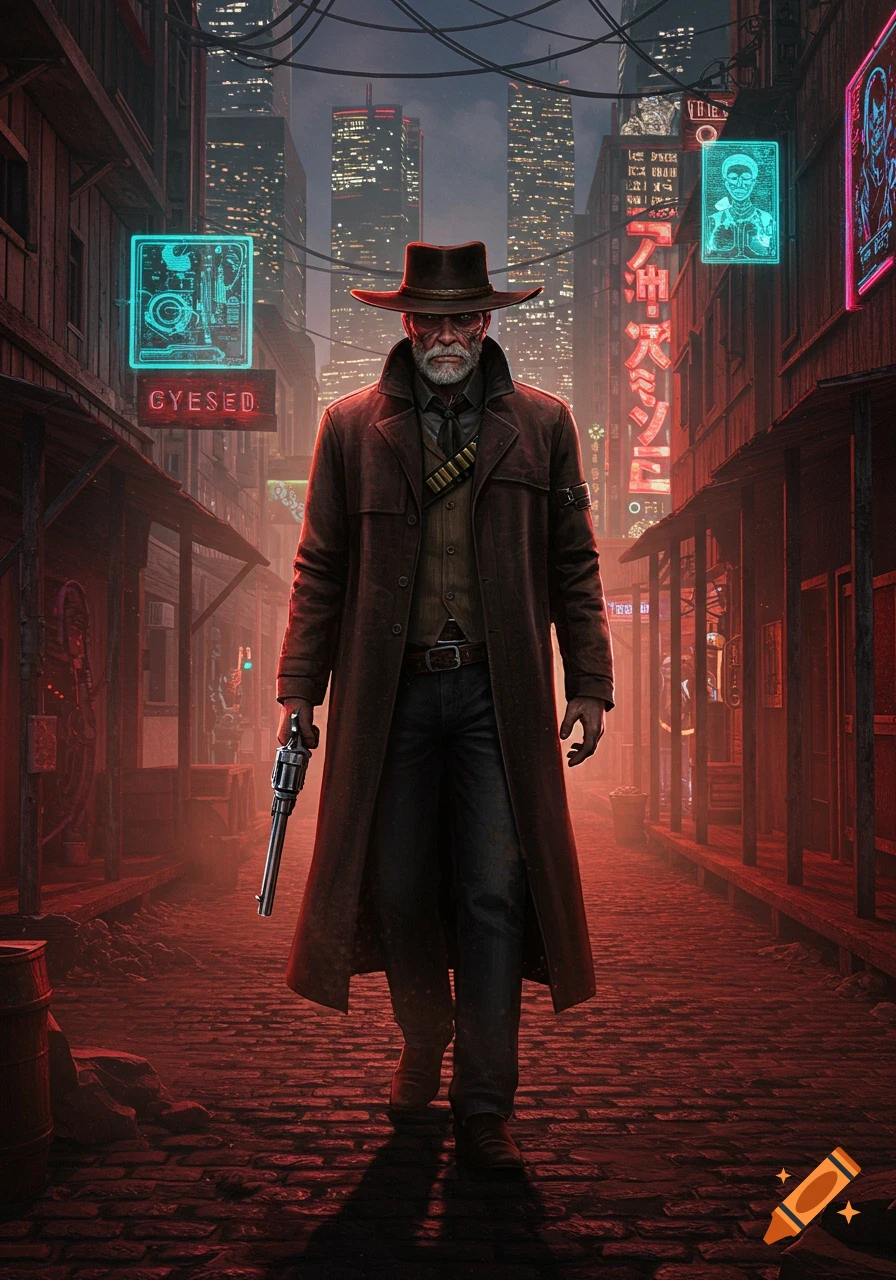 A grizzled man in a long coat and cowboy hat holds a revolver, walking down a neon-lit, rain-slicked cyberpunk alley at night.